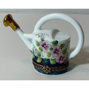 Limoges Rochard Hand Painted Floral Porcelain Watering Can Trinket Box